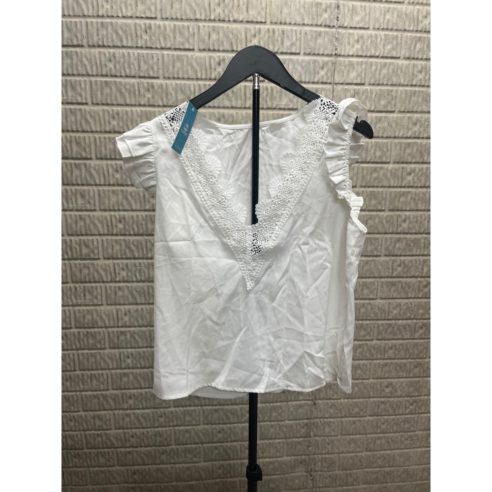 Cupshe White Ruffle Cap Sleeve Crochet Lace V-Neck Blouse CAA04B4G003CC‎ Small